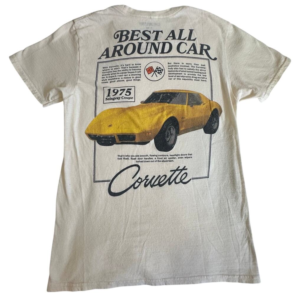 Corvette Graphic Cream Tee with Yellow Car Vintage Style T Shirt Size Small